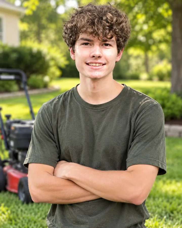 Trevor standing in a freshly mowed yard with arms crossed, lawn mower behind him