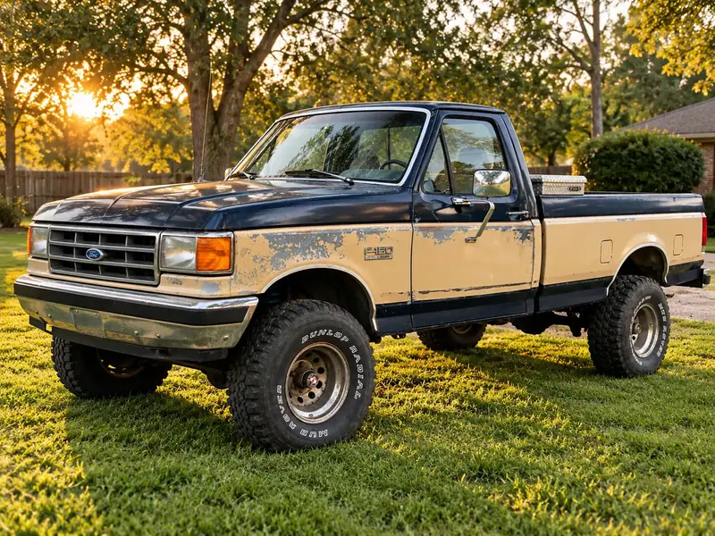 The two-tone navy and tan Ford F-150 Trevor is saving up for, parked on a lawn at sunset