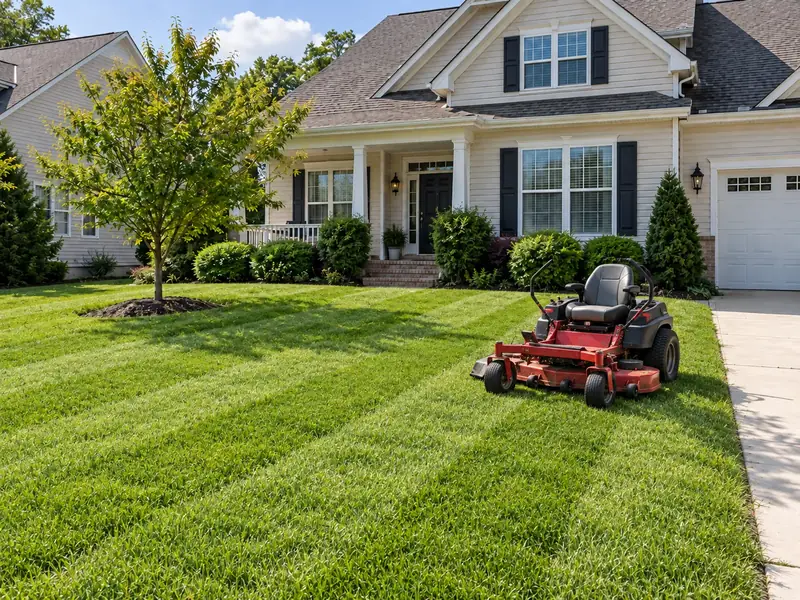 Same front yard after: freshly mowed with even stripes and clean edges along the driveway